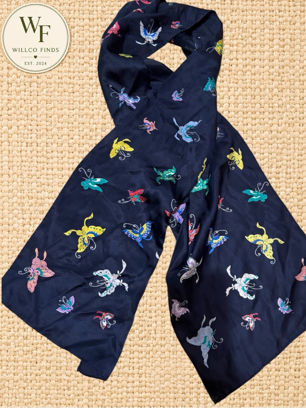 Navy Butterfly Print Long Scarf Colorful Lightweight 60” x 12”